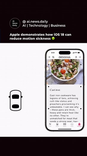Sneak peek at iOS 18's ability to reduce motion sickness for passengers using iPhone or iPad in moving vehicles. Apple is calling it Vehicle Motion Cues 👌 The pattern of animated dots follows the direction of the vehicle’s motion, reducing sensory conflict in the brain and the intensity of motion sickness sensations. Video credit: Apple Follow @ai.news.daily for more! . . #ai #ainews #aitech #ainewsdaily #aiinovation #aigenerated #ailearning #aigeneratedart #ios18 #apple #motionsickness #vehicl