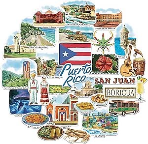 Navy Peony Poetic Puerto Rico Travel Stickers (28pcs) - Hand-Illustrated, Boricua, Carribbean-Themed Vacation Decals for Journals, Scrapbooks, Luggage