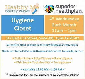 The Community Hygiene Closet is a free monthly program that provides area residents with access to basic hygiene and cleaning supplies. It is open on the fourth Wednesday of every month from 11 a.m. – 1 p.m. at the Wadel Connally Building at 112 E. Line St., Suite 300, in Tyler. During the event, anyone who attends can get the personal care items they might need, including hygiene products, laundry detergent, soap, and toiletries. “This community hygiene closet aligns perfectly with our mission 