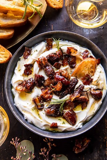 Whipped Goat Cheese with Warm Candied Bacon and Dates.