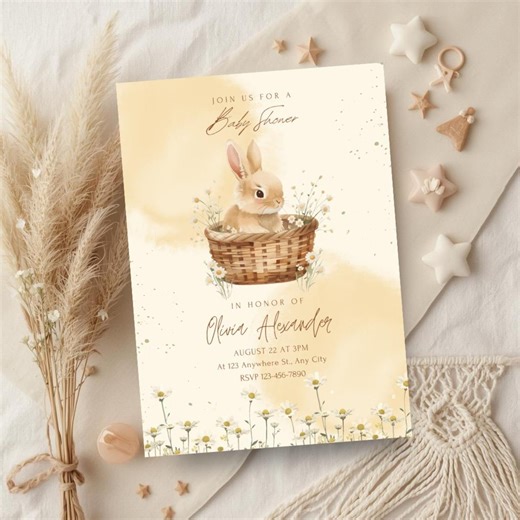 Baby Shower Invitation | Bunny & Chamomile Flowers | Editable Canva Template | Printable Baby Invite - Etsy
