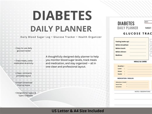 Diabetes Daily Planner Printable | Blood Sugar Log | Glucose Tracker | Carb Counter | Insulin & Medication Log | A4 and US Letter PDF - Etsy