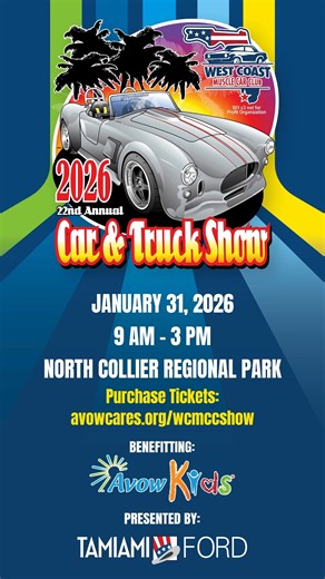 One month away! 🚗🔥 Join Avow and West Coast Muscle Car Club for our annual Car & Truck Show - classic cars, modern rides, and a great cause. 🗓 Saturday, January 31, 2026 📍 North Collier Regional Park 💛 Supporting Avow Kids 🎟 $20 tickets | Kids 12 & under FREE 👉 Get tickets: avowcares.org/wcmccshow 🎉 Win a Ford Bronco E-Bike! Purchase tickets online by January 29, 2026 for automatic entry. Extra entries available at the event. | Avow