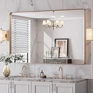 LOAAO 48”X30” Gold Bathroom Mirror, Rounded Rectangle Gold Frame Mirror, Brushed Gold Bathroom Vanity Mirror Wall-Mounted, Anti-Rust, Tempered Glass, Hangs Horizontally or Vertically