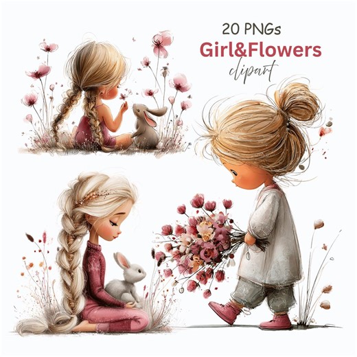 Girl & Flower Cartoon Clipart: Whimsical Spring Nursery Beautiful Graphics (digital Download - 20 Pngs) - Etsy