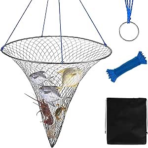 Bridge and Pier Fishing Net, Foldable Drop Net for Pier Fishing with Rope Landing Net with Durable Soft Steel Hoop and Nylon Mesh