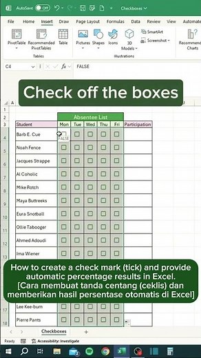 How to create a check mark (tick) and provide percentage results automatically in Excel #trending