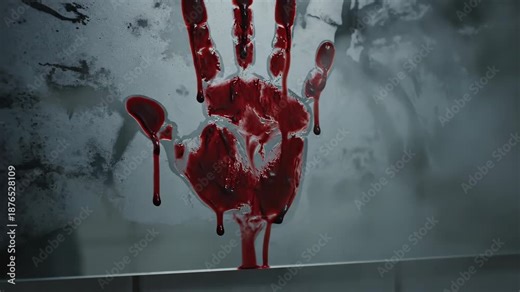 Bloody handprint on a reflective surface with blood slowly dripping. Horror and crime scene concept. Unsettling visual for suspenseful content