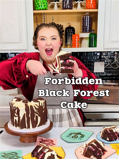 Have you ever heard of a Forbidden Black Forest Cake!? I felt so inspired by this incredible box and products sent by The @bettycrocker in celebration of their collaboration with the Wizarding World of Harry Potter I couldn't help, but bake something special!✨ Oh my goodness this cake is SO good I highly recommend giving it a try!😋 And Thank you so much @bonjourfete for helping us serve it up in style!🤩 What will you be baking with these special mixes!? #cakedecorating #harrypottercake #bettyc