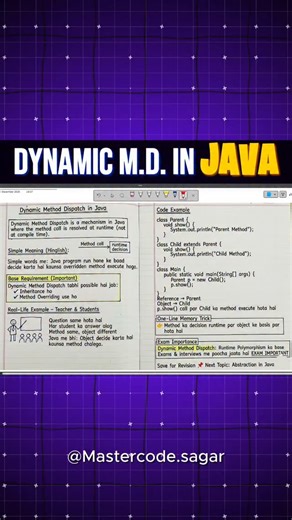 Sagar Rathod on Instagram: "🔁 Dynamic Method Dispatch in Java – Explained Simply Dynamic Method Dispatch is a concept of runtime polymorphism in Java. It means the method call is decided at runtime, based on the object, not the reference 💻 👉 Simple understanding: Same method call, different output — because object decides which overridden method runs. 📌 Key points to remember: ✔ Happens at runtime ✔ Uses inheritance ✔ Works with method overriding ✔ Parent reference + Child object 📚 Very imp