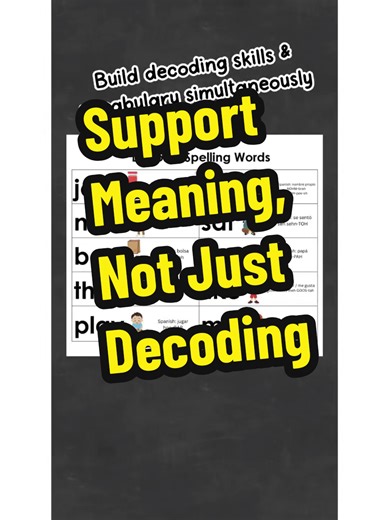 ESOL Support | Vocabulary Development | Phonics Instruction Decoding is only one part of reading. Students, especially ESOL students, can sound out words accurately but still lack understanding if the vocabulary is unfamiliar. This resource adds visual supports, Spanish translations, and pronunciation guides to spelling words, helping students connect sound, meaning, and language. By pairing each word with an image and a home-language connection, students are more likely to retain the word, buil