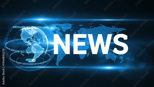 A glowing blue digital world map and wireframe globe with bold "news" text, symbolizing global information broadcasting.