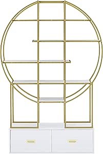1-Pack Round Metal Bookshelf, 70.8 Inch Round Office Bookcase Bookshelf, Display Shelf, Two Drawers, Gold Frame