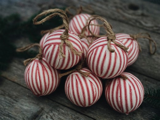 Rustic Red Ticking Stripe Rag Ball Christmas Ornaments - Set of 9 - Etsy