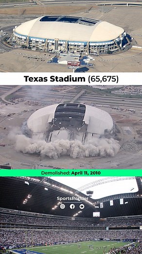 Texas Stadium, served as the home of the Dallas Cowboys from 1971 until 2008. Known for its iconic partially open roof, it was a key symbol of the team’s success during its use. In its final years, the stadium became outdated and was replaced by AT&T Stadium in Arlington in 2009. Texas Stadium was demolished on April 11, 2010, through a controlled implosion, marking the end of an era for Dallas sports fans. Today, the site remains a memory of its storied past.Follow us SportsRender ✅ #football #