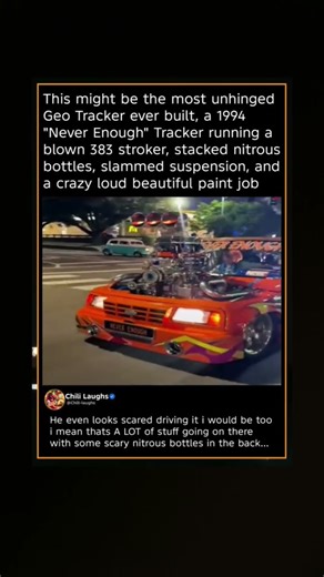 This might be the most unhinged Geo Tracker ever built, a 1994 "Never Enough" Tracker running a