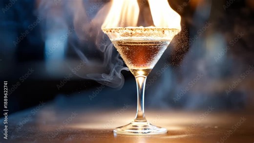 Fire and smoke rise from a cocktail glass placed on a bar counter at night, showcasing a unique drink made with ingredients that create flames