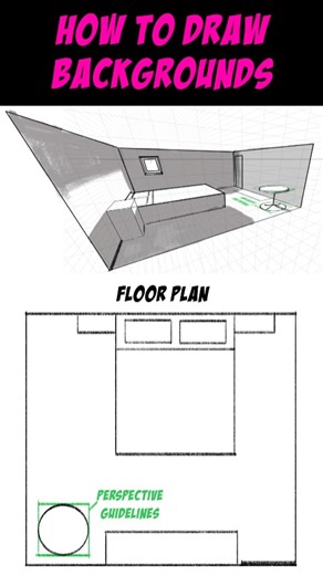 Kuya the Peach 🍑 Professional Artist & Art Director on Instagram: "Do you struggle with backgrounds? Then try this method. 1: Draw a floor plan. 2: Set up a perspective grid. 3: Transform your floor plan to match your perspective. Quick tip for the Photoshop users among you: Once you aligned the floor plan with the vanishing lines you can use Scale in the transformation menu to reposition the edges and it will follow your perspective. 4: Extrude the edges up by following your vertical vanishing