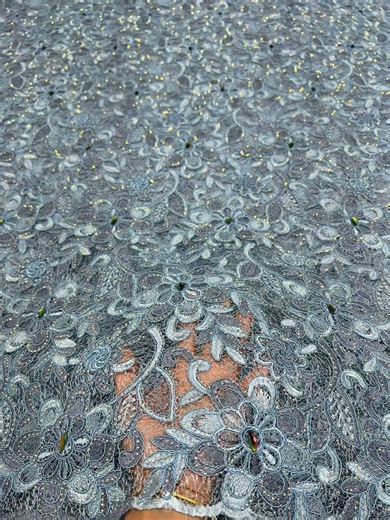 Cord Lace Mesh Fabric 5 Yards Fashion Stones Nigerian Wedding Party African Embroidered Gray Gold - Etsy