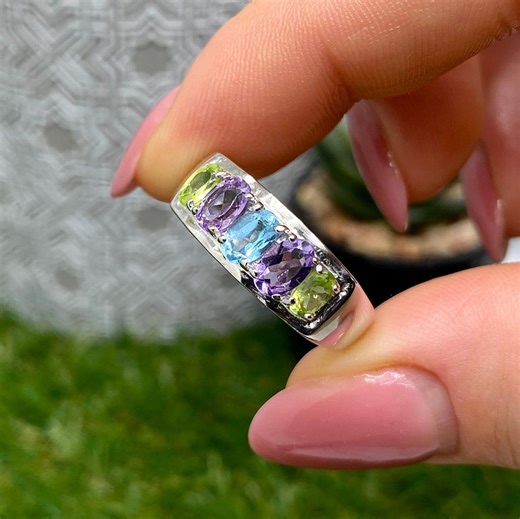 Ring topaas hemelsblauw, amethist en peridot natuurlijke edelsteen, sterlingzilver 925, 9 US - Etsy België