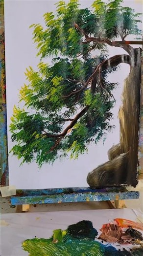 002 - Process to draw a spring tree grow on the cliff mountain #drawtree #relaxingart #ytshorts