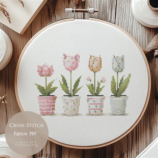 Tulip Cross Stitch Pattern PDF, Potted Flowers Embroidery Design, Spring Floral, 225 - Etsy