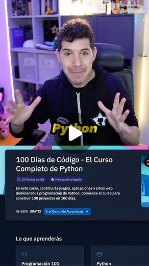 midudev • Miguel Ángel Durán on Instagram: "Curso para aprender Python en 100 días. Te dejo la página en el primer comentario fijado. Es para principiantes, desde cero, y no hay que pagar nada. Cada clase necesita unos 20 minutos de tu tiempo para superarla. Si necesitabas una guía de estudio para aprender a programar, esta es la tuya. Aunque el curso está en inglés, es fácil de entender o puedes usar el traducor del navegador. #software #python #programador #informatica #programacion"