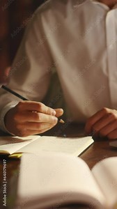Vertical Screen: Anonymous Student Studying in a Traditional Library. Young Male Writing in Notebook, Using Laptop Computer to Work on University Research Project and Read Essays Online