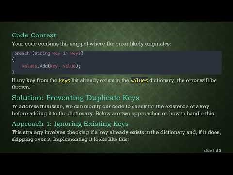 Resolving ArgumentException: An item with the same key has already been added in C# Code