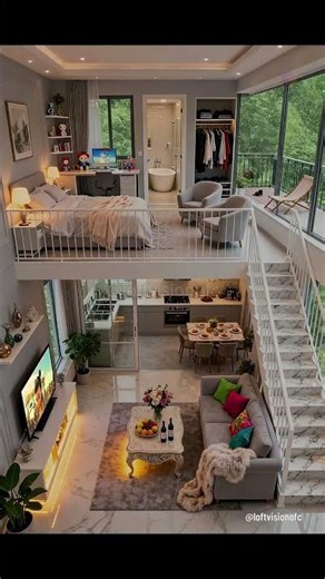 🛏️🏙️ Marble Loft Apartment Tour: Balcony Bedroom & Glowing Living Room #LuxuryLoft