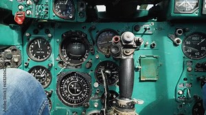 The cockpit of the Soviet Mig-23 fighter aircraft. Close-up of instruments, gauges, steering wheel and controls