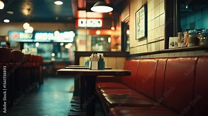 An indoor diner with retro booth seating and table. Bright lighting creates a cozy atmosphere.