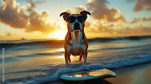 Surf's Up, Dude: A cool canine in shades poses on a surfboard, silhouetted against a breathtaking ocean sunset, embodying the spirit of summer fun.