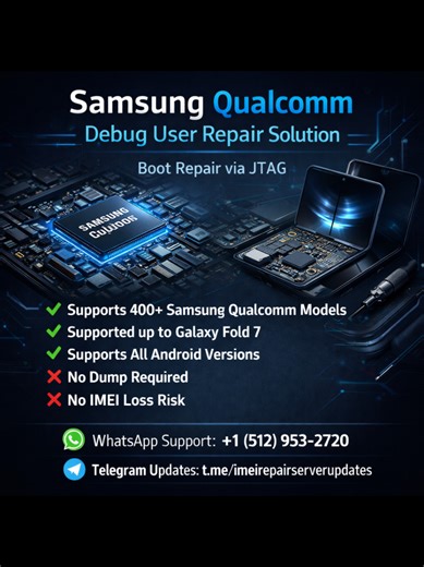 Samsung Qualcomm Debug User Repair Solution 🔧 Boot repair via JTAG supported 400 Samsung models supported Up to Galaxy Fold 7 All Android versions supported ❌ No dump needed ❌ No IMEI loss risk WhatsApp: 1 (512) 953-2720 Telegram: t.me/imeirepairserverupdates #SamsungQualcomm #BootRepair #JTAGRepair #AndroidRepair #MobileRepair