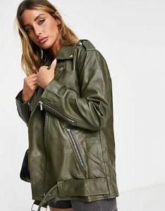 ASOS DESIGN leather jacket in khaki | ASOS