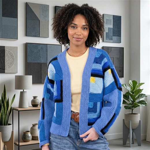 Knit Patchwork Jacket Pattern PDF, Easy Chunky Knit Sweater Cardigan, Easy Friendly Women Jacket, Cozy Handmade Pullover - Etsy