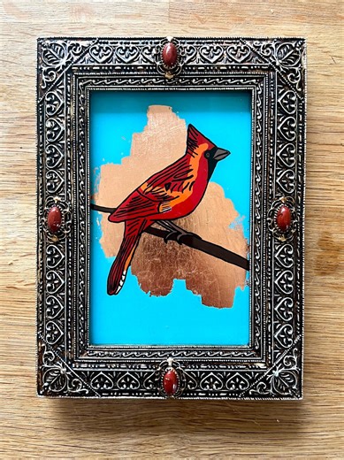 Hand-painted Cardinal Glass Art | Framed Reverse Glass Painting - Etsy