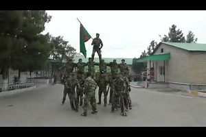 Military Marching Routine with Colorful Flag Display