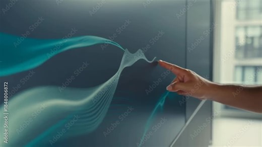 Interactive wall panel with animated teal waves responding to hand gesture in modern workspace