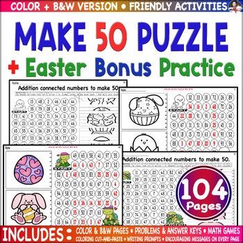 Easter Bonus Make 50 Number Bonds Puzzle Math Practice Cut Paste Coloring Fun.