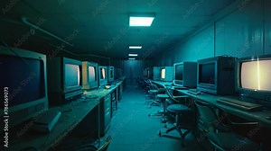 A busy room filled with numerous computer stations equipped with multiple monitors, Deserted computer room with dated PC's under soft fluorescent lighting