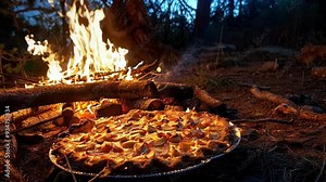 Freshly baked apple pie sits by a campfire in the forest, emanating warmth and the sweet aroma of cinnamon and baked apples