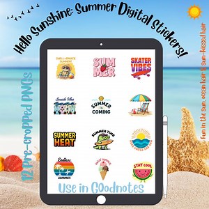 Summer Vibes Fun Stickers | 12 Bright & Cute Pngs for Goodnotes and Digital Planners - Etsy