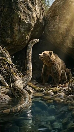 Giant Python vs. Mama Bear Standoff! 🐍🐻 #Shorts