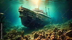 Shipwreck in the sea. Underwater world. 3d rendering, Titanic shipwreck lying silently on the ocean floor. The image showcases the immense scale of the shipwreck, with its fragmented, AI Generated