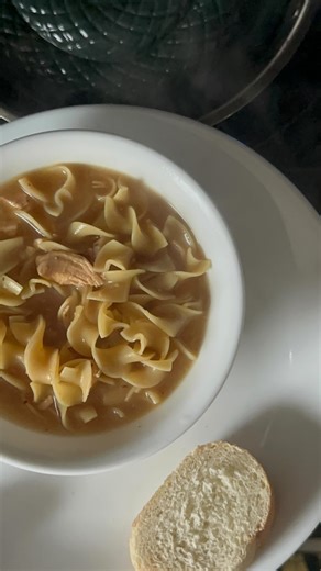 Back to basics: Chicken Soup with egg noodles. I used the broth from the chicken I cooked in my instant pot, I tossed some onion in some oil and some seasonings with the chicken and broth on the stove. ￼ When I thought everything you had enough seasoning, I added some egg noodles and ended up adding some bone broth for the extra protein. I could’ve added vegetables, but honestly, I just wanted something quick. Seasonings I used are: Salt, black pepper, garlic powder, onion powder, dried thyme, d