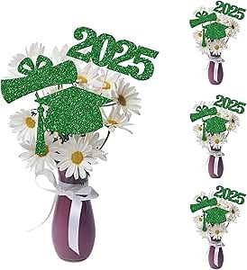 2025 Graduation Centerpieces for Tables Toppers 12PCS Glitter Graduation Cutouts Cap Sticks Vase Decor Confetti Class for College Graduation Supplies (Green)
