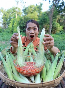 Wow it first time i eat young corn with chili sauce | Primitive TV