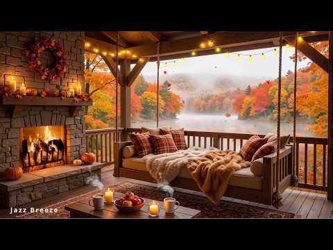 Cozy Fall Log Cabin Ambience 🍂 Gentle Fire, Soft Jazz Music & Lake View