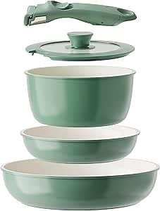 Redchef Ceramic Cookware Set, Removable Handle Pots and Pans Non-Stick, Rv Cookware Set, Non-Toxic Pots and Pans Set No PFAS, PTFE, PFOA, Detachable Pots and Pans, Dishwasher & Oven Safe (Green)
